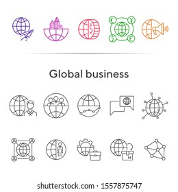 Global business line icon set. Globe, planet, currency, analysis. Business concept. Can be used for topics like business trip, tourism, worldwide corporation