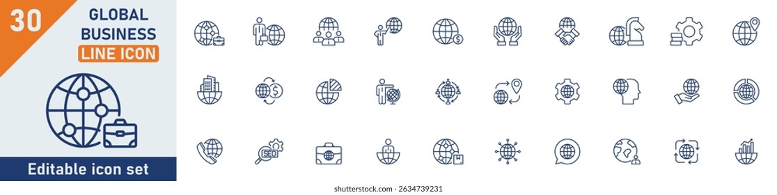 Global Business line icon set. Set of 30 outline icons related to global, economy, marketing, global warming, connection, whole world, globe and others. Editable stroke. Vector illustration.