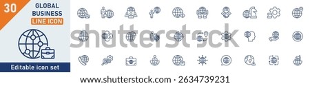 Global Business line icon set. Set of 30 outline icons related to global, economy, marketing, global warming, connection, whole world, globe and others. Editable stroke. Vector illustration.
