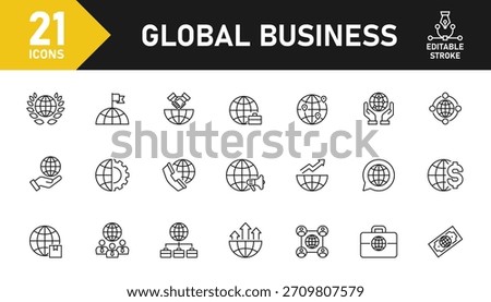 Global business line icon set. Set of 21 outline icons related to international trade, global economy, worldwide, global network, import, export and others. Editable stroke. Vector illustration.