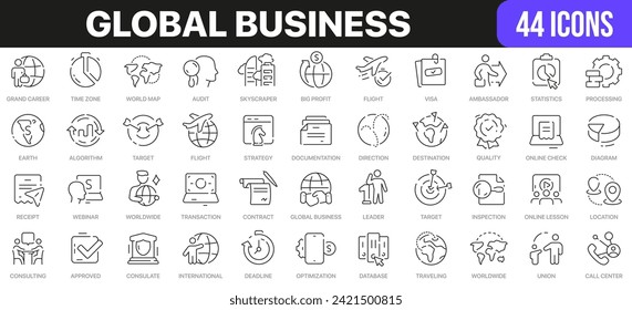 Global business line icons collection. UI icon set in a flat design. Excellent signed icon collection. Thin outline icons pack. Vector illustration EPS10