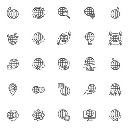 Global Business Line Icons Set. Linear Style Symbols Collection, Outline Signs Pack. Vector Graphics. Set Includes Icons As International Agreement, Outsourcing, Time Zone, Global Money Transfer