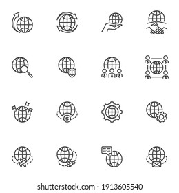 Global Business Line Icons Set, Outline Vector Symbol Collection, Linear Style Pictogram Pack. Sign Logo Illustration. Set Includes Icons - Outsourcing, Deal Agreement, Business Strategy, World Travel