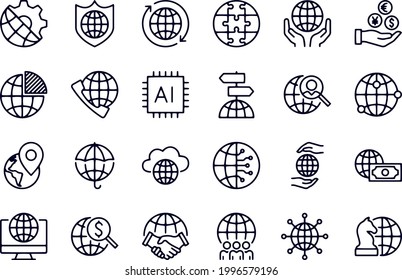 Conjunto de iconos del vector de línea de negocio global