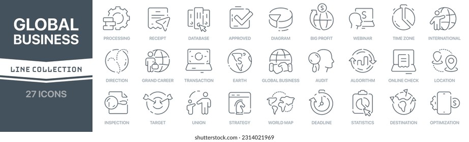 Colección de iconos de signo lineal para el negocio global. Colección de iconos de línea delgada firmada. Conjunto de iconos de esquema simple de negocios globales