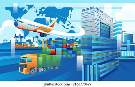 Global business logistics import export of containers cargo ship, container truck, plane, truck on city background concept, transport industry concept. monochrome color