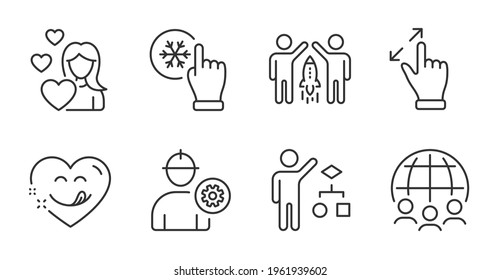 Global business, Love and Touchscreen gesture line icons set. Partnership, Yummy smile and Algorithm signs. Engineer, Freezing click symbols. Outsourcing, Woman in love, Zoom in. People set. Vector