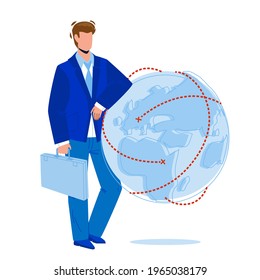 Global Business Managing Businessman Ceo Vector. Global Business Development And Management Young Man. Character Guy Wearing Suit And Holding Case Staying Near Planet Sphere Flat Cartoon Illustration