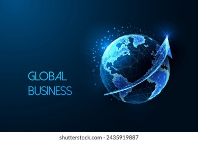 Global business, market growth, worldwide commerce futuristic concept with Earth globe and arrow up in glowing low polygonal style on dark blue background. Modern abstract design vector illustration.