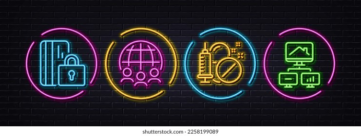 Global business, Medical drugs and Blocked card minimal line icons. Neon laser 3d lights. Work home icons. For web, application, printing. Outsourcing, Medicine pills, Private money. Vector