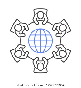 Global Business Meeting And Teamwork  Icon. Group Of Six People In Conference Room Sitting Around A Table Brainstorming And Working Together On New Creative Projects. Line Vector Design.