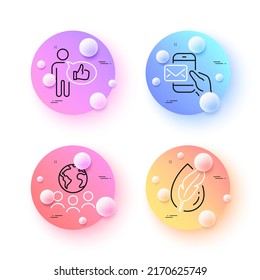 Global business, Messenger mail and Hypoallergenic tested minimal line icons. 3d spheres or balls buttons. Like icons. For web, application, printing. Outsourcing, New e-mail, Feather. Vector