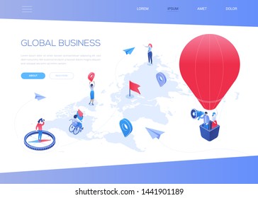 Global business - modern colorful isometric web banner with copy space for text. A composition with male, female colleagues flying on hot air balloon, standing on world map, looking through binoculars