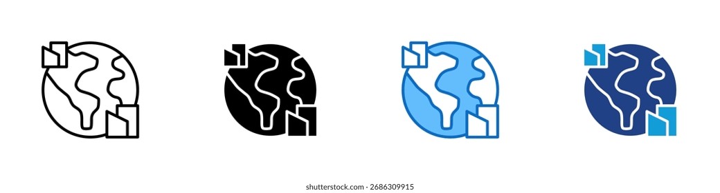 Vector de diseño de íconos de estilo múltiple de negocios globales: globo con edificios, que simboliza la compañía internacional, el comercio mundial y la expansión comercial global