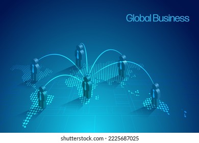Concepto de conexión de red comercial global. Empresarios en el mapa mundial con red de comunicación. vector 3D. 