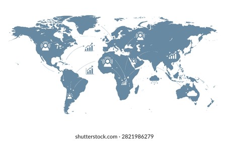 Global business network map features call center agents, growth charts, and cloud computing icons across the continents.