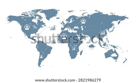 Global business network map features call center agents, growth charts, and cloud computing icons across the continents.