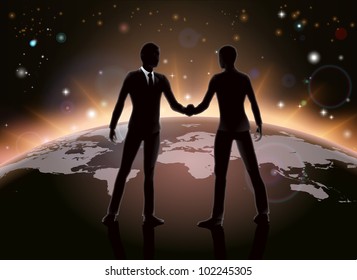 Global business or networking concept, business men shaking hands in agreement on world map