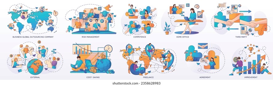 Global business outsourcing flat set of freelance improvement agreement competency third party isolated compositions vector illustration