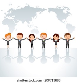 Global business partners. Vector illustration of a group of successful businessman and business woman holding hands. 