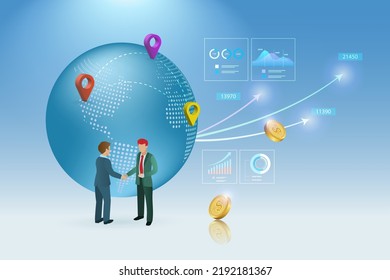 Global Business Partnership Collaboration And Financial Investment. Businessman Handshake With Analyzing Growth Graph And Business Network Connecting.