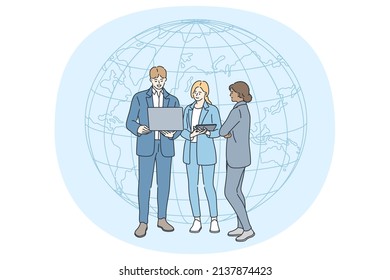 Global Business And Partnership Concept. Group Of Young Positive Mixed Race Business People Standing Discussing Project Together Vector Illustration 