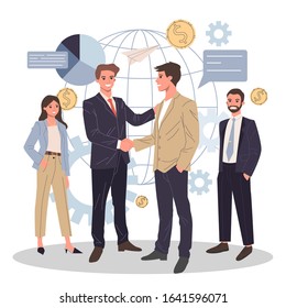 Global business partnership flat vector illustration. International teamwork, negotiation and success concept. Two partners shaking hands and making agreement.