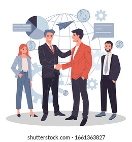 Global business partnership flat vector illustration. International teamwork, negotiation and success concept. Two partners shaking hands and making agreement.