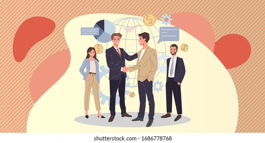 Global Business Partnership Flat Vector Illustration. International Teamwork, Negotiation And Success Concept. Two Partners Shaking Hands And Making Agreement.
