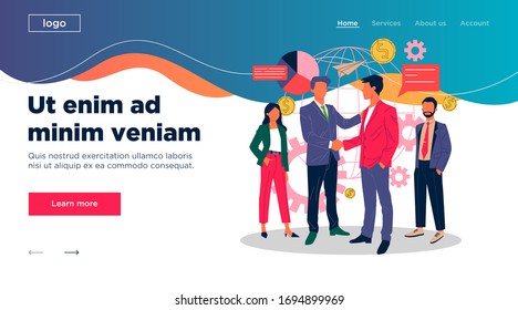 Globale Unternehmenspartnerschaft - Vektorillustration Illustration. Internationales Teamwork-, Verhandlungs- und Erfolgskonzept. Zwei Partner schütteln sich die Hand und treffen eine Vereinbarung.