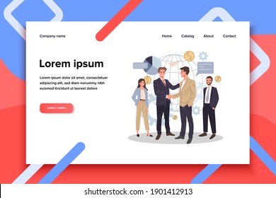 Global business partnership flat vector illustration. International teamwork, negotiation and success concept. Two partners shaking hands and making agreement.