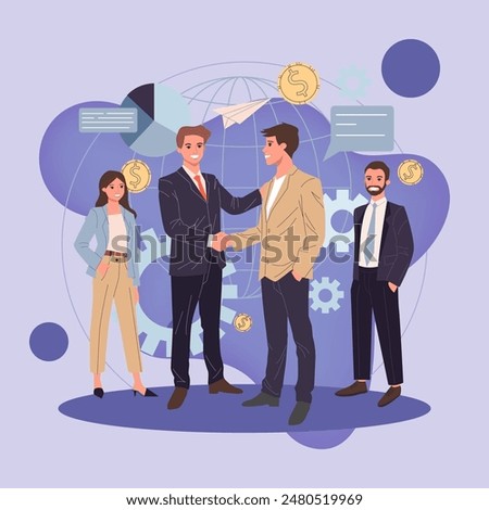 Global business partnership flat vector illustration. International teamwork, negotiation and success concept. Two partners shaking hands and making agreement.
