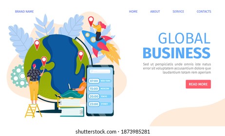 Global business, people at globe world concept landing page vector illustration. Businessman woman character at flat world map, worldwide corporate work. Cartoon international web partnership.