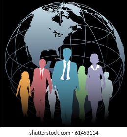 Global Business People walk from a Western Hemisphere globe on black