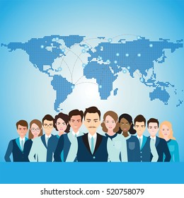 Global Business People with World Map, Diverse people character, business conceptual, flat design vector illustration.