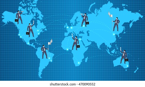 Global business relations concept. Confident businessmen standing over all continent and over all major world cities, connected together. Concept of teamwork, global business and relationships.