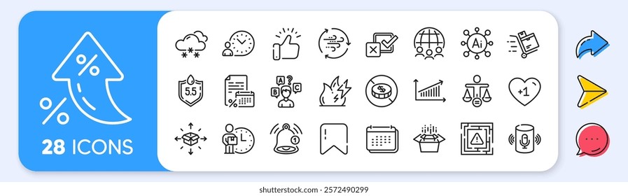 Global business, Reminder and Delivery man line icons. Interest rate, AI generate, Inflation icons. Pack of Time management, Inventory cart, Maze attention icon. Vector