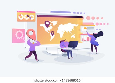 Global Business Research, International Company Extension Strategy. Social Media Dashboard, Online Marketing Interface, Social Media Metrics Concept. Vector Isolated Concept Creative Illustration