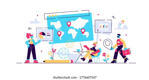 Global business research, international company extension strategy. Social media dashboard, online marketing interface, social media metrics concept. Vector isolated concept creative illustration