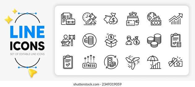 Global business, Salary and Checklist line icons set for app include Auction hammer, Stress grows, Loyalty gift outline thin icon. No cash, Post package, Piggy bank pictogram icon. Vector