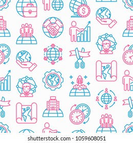 Global business seamless pattern with thin line icons: investment, outsourcing, agreement, transactions, time zone, headquarter, start up, opening ceremony. Modern vector illustration.