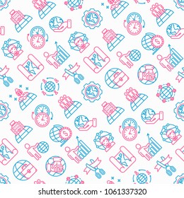 Global business seamless pattern with thin line icons: investment, outsourcing, agreement, transactions, time zone, headquarter, start up, opening ceremony. Modern vector illustration.