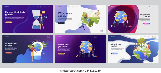 Global business set. Manager presenting project at hourglass, globe, nature. Flat vector illustrations. Travel, vacation, planet concept for banner, website design or landing web page