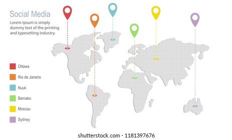 Global business social media network connection. Colored pointer on the maps background. Vector illustration.