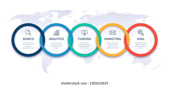 Global business steps chart. Strategy timeline infographics, worldwide startup plan and step chain. Progression processing project, diagram infograph progress. Vector infographic illustration