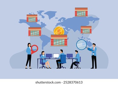 Global Business Strategy and Analysis Concept with Office Team and International Branches 2d flat vector illustration
