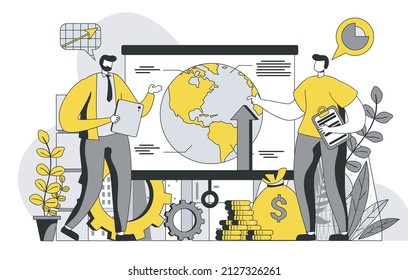 Global business strategy concept with outline people scene. Men discuss expansion strategy on globe map, marketing in international company. Vector illustration in flat line design for web template