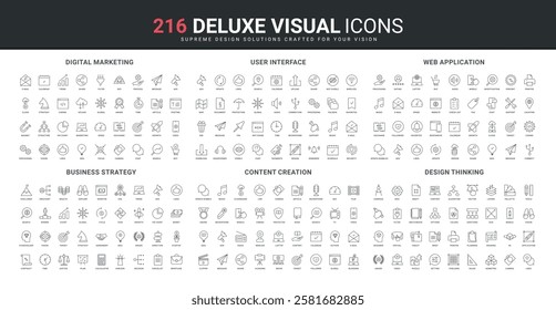 Global business strategy, digital marketing and creative content creation, web app development, support line icon set. Designer thinking, user interface thin black outline symbols vector illustration