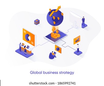 Global business strategy isometric web banner. International corporation management isometry concept. Data analysis and strategy planning 3d scene design. Vector illustration with people characters.