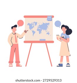 Presentación de la Estrategia Global de Negocios con el Mapa Mundial, Ilustración vectorial Plana.
Escena de Vector plano moderno de colegas discutiendo estrategia internacional cerca de un tablero con un mapa del mundo, concepto de negocios globales y planificación, aislado en blanco.

